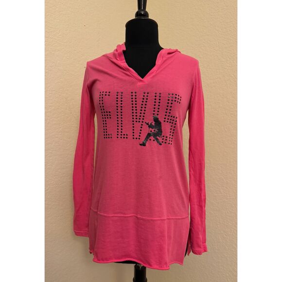 Graceland Official Elvis Merch-Studded Long Sleeve Hooded Pink Tee-Sz M - Picture 1 of 13